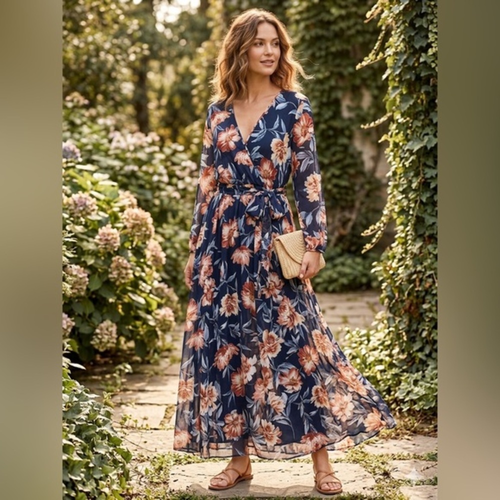 Navy Floral Wrap Maxi‎ Dress with Tie Waist